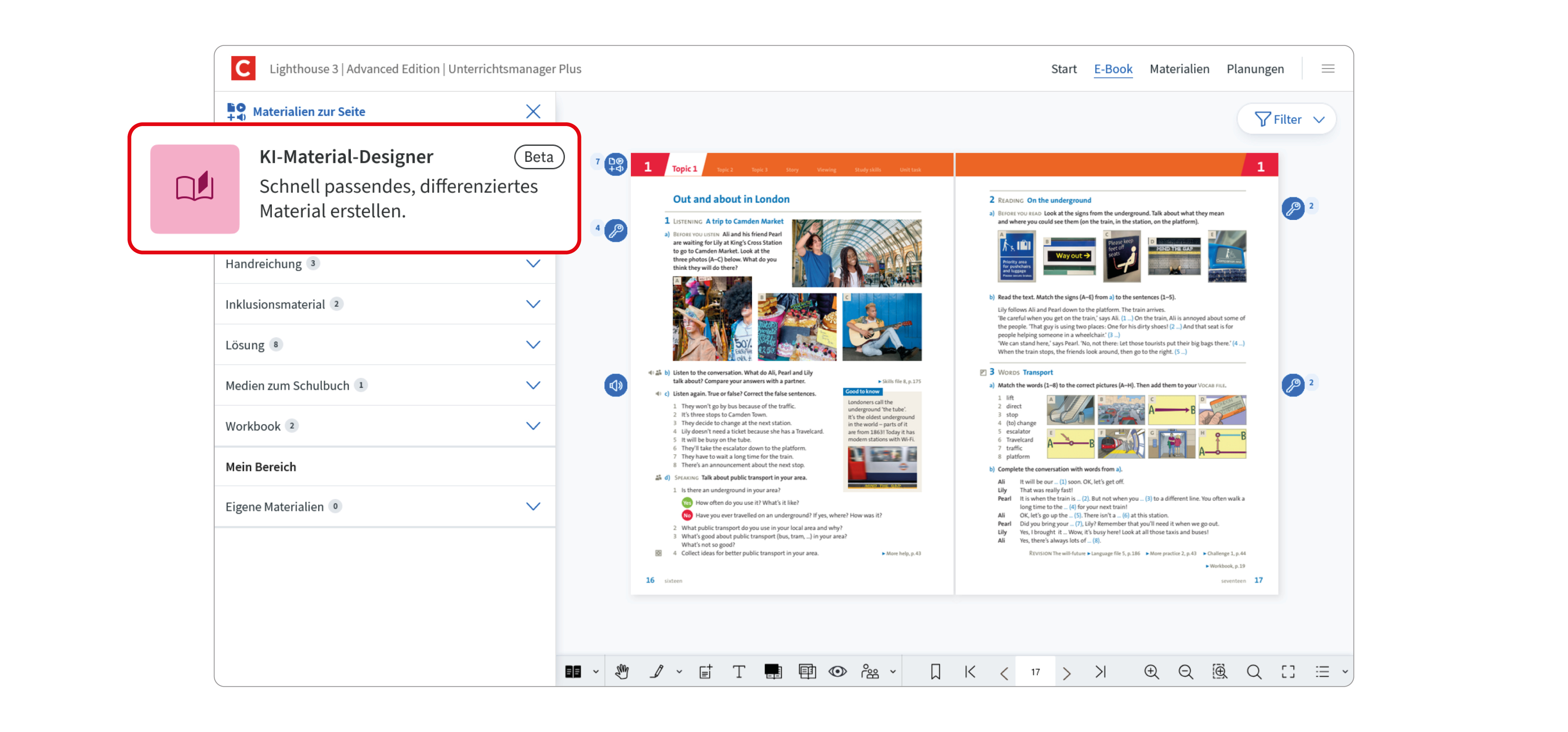 Screen des Unterrichtsmanagers Plus mit dem KI-Material-Designer