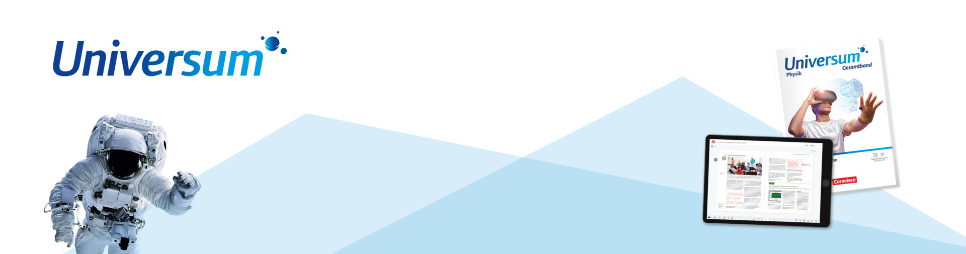 Darstellung des Lehrwerks Universum mit einem Buch,, einem Tablet mit Seiten des Lehrwerks und einem Astronauten