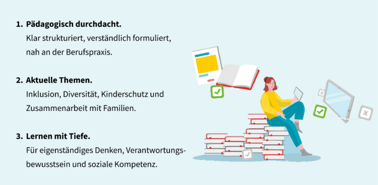 Eine Illustration mit einer Auszubildenden, die auf einem Bücherstapel sitzt – über ihr schweben symbolisch eine aufgeschlagenes Lehrwerk und ein Tablet.Daneben Ausführungen zu den Punkten: Pädagogisch durchdacht, Aktuelle Themen und Lernen mit Tiefe.