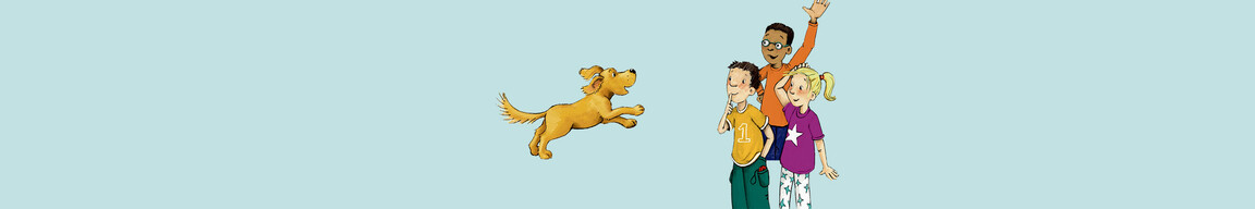 Eine Illustration zeigt einen Hund und drei Kinder.