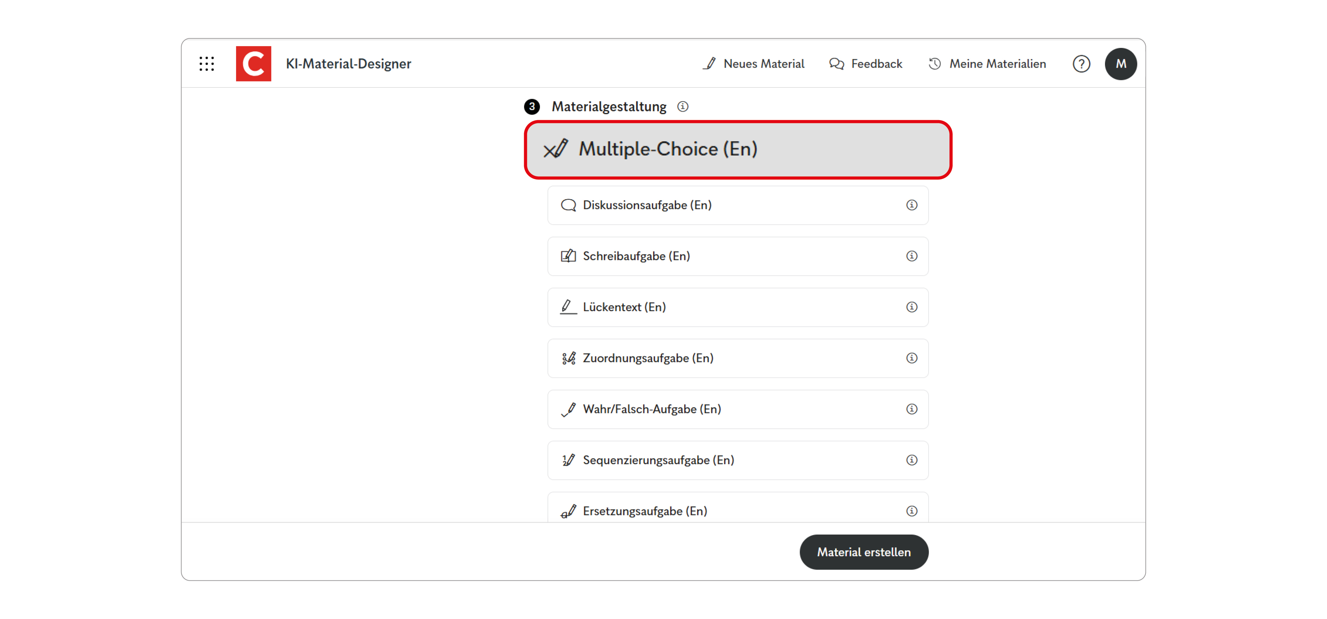 Screen des Unterrichtsmanagers Plus mit dem KI-Material-Designer und der Gestaltungsoption "Multiple Choice"