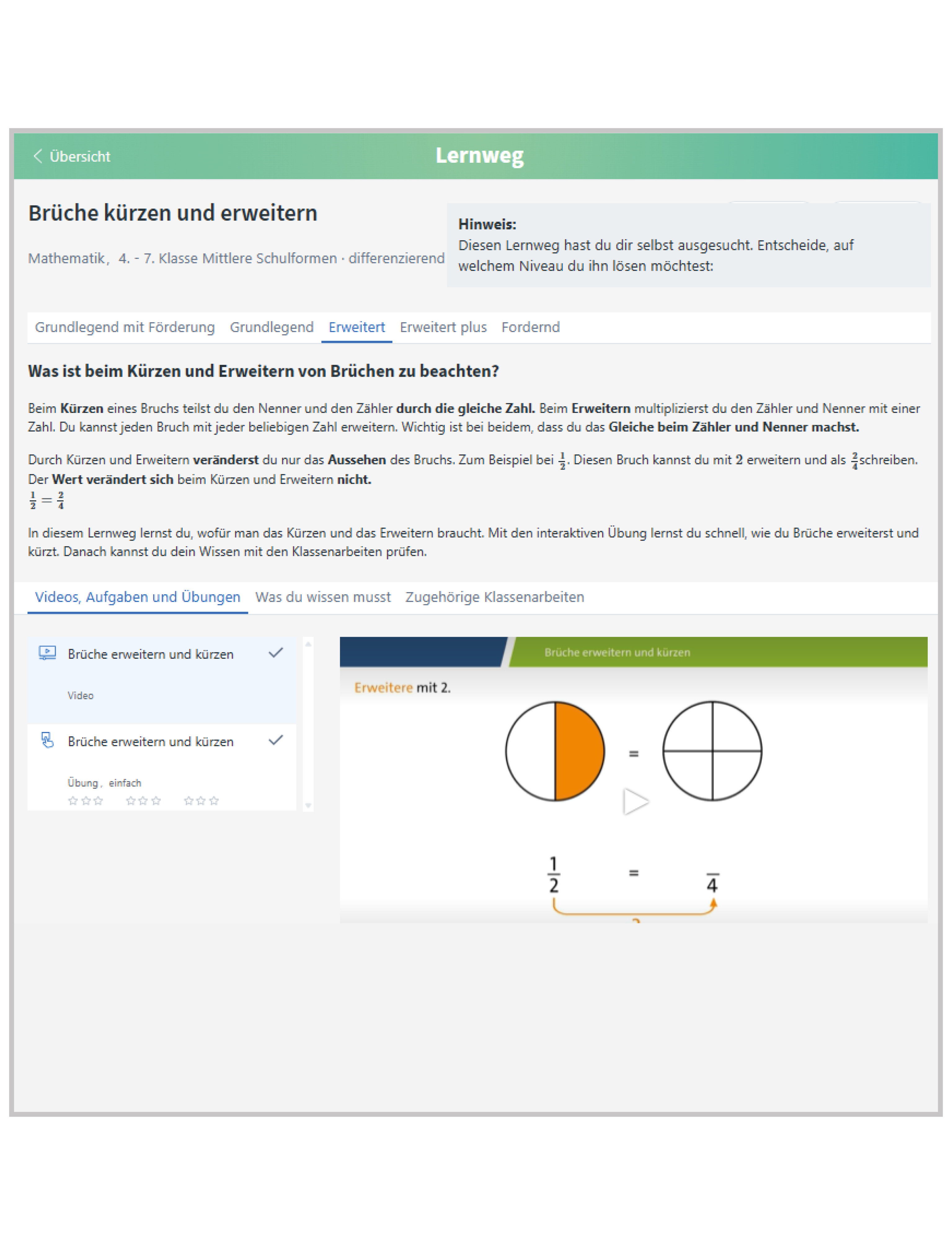 Screenshot aus "Diagnose und Fördern", Lernwege