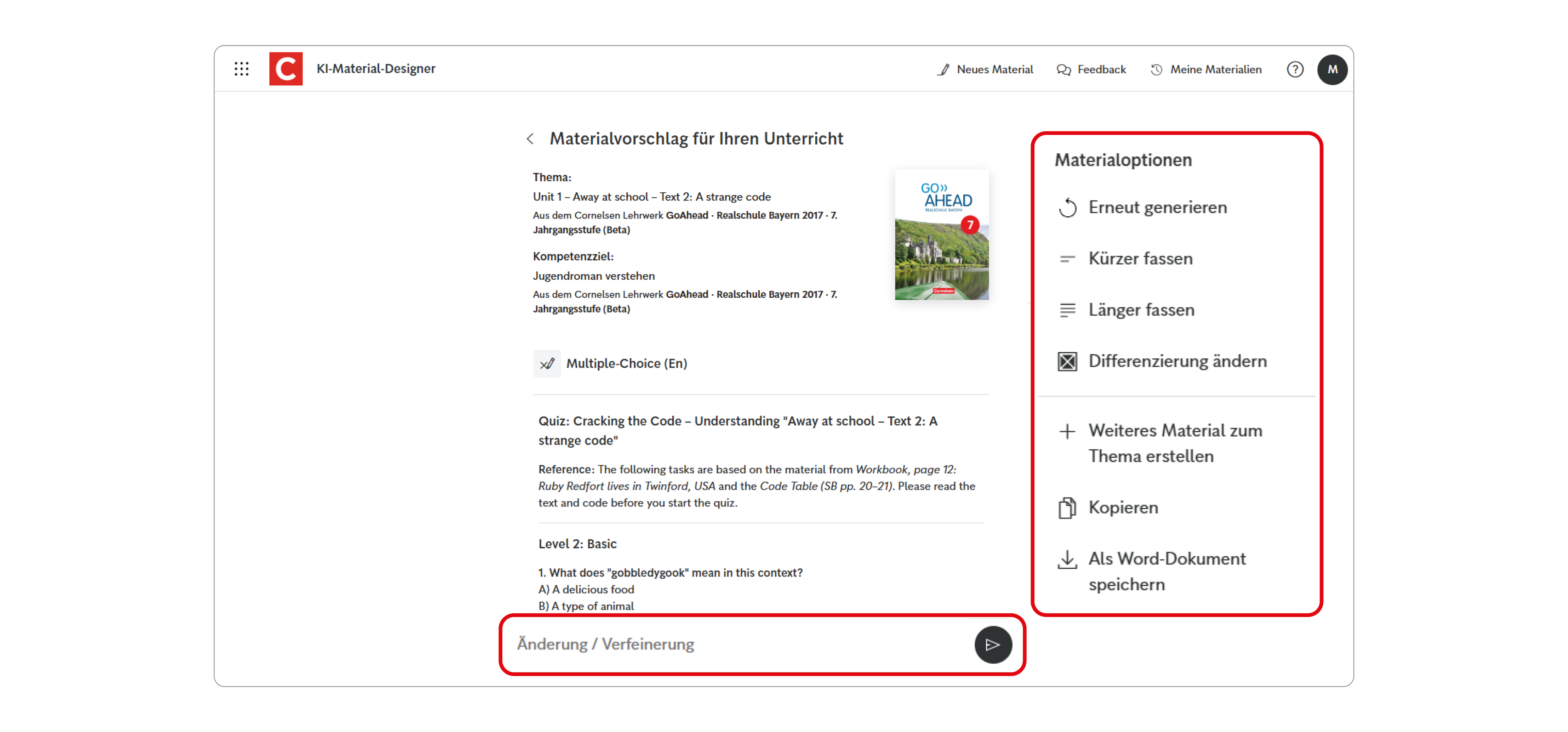 Ein Screen des Unterrichtsmanagers Plus mit dem KI-Material-Designer und dem Menü "Materialoptionen"