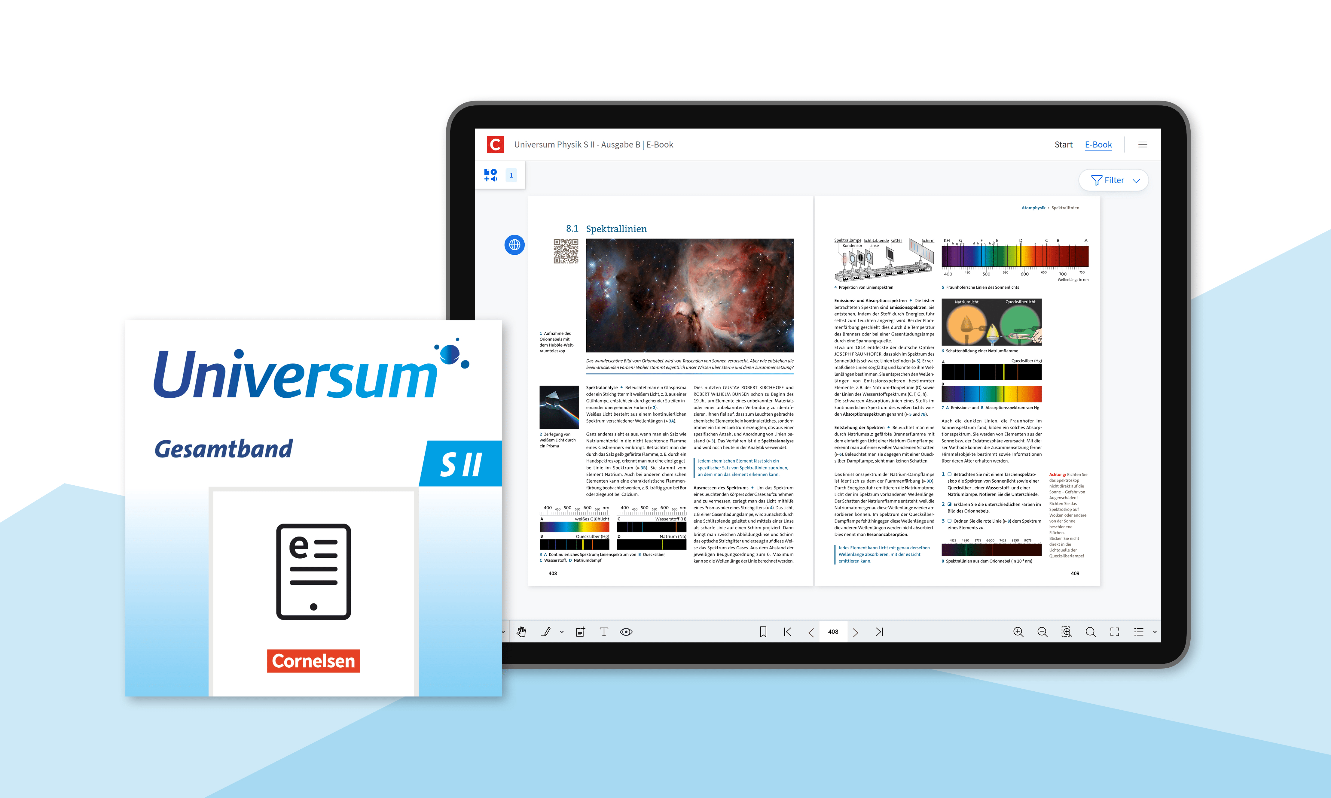 Darstellung des E-Books zu Universum Physik mit der Produktkachel und einem Tablet mit Seiten des Lehrwerks