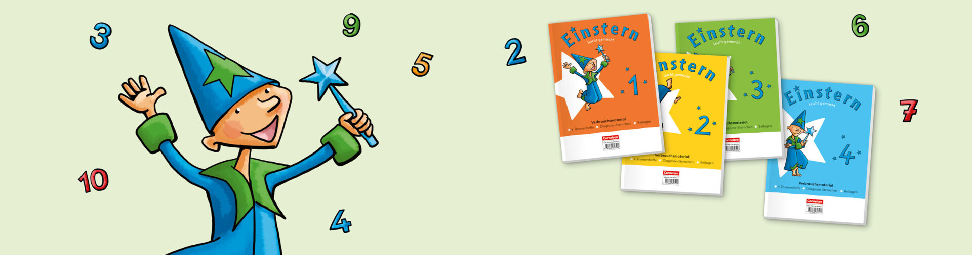 Der Zauberer Einstern mit vier Büchern aus der gleichnamigen Reihe