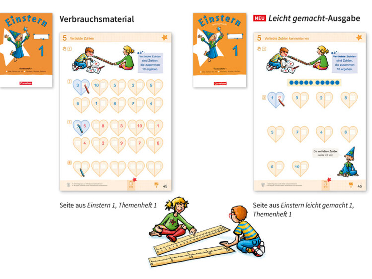 Vergleich von Mathematikmaterialien für das Thema "Einstein 1" mit Schülern und Lehrermaterial.