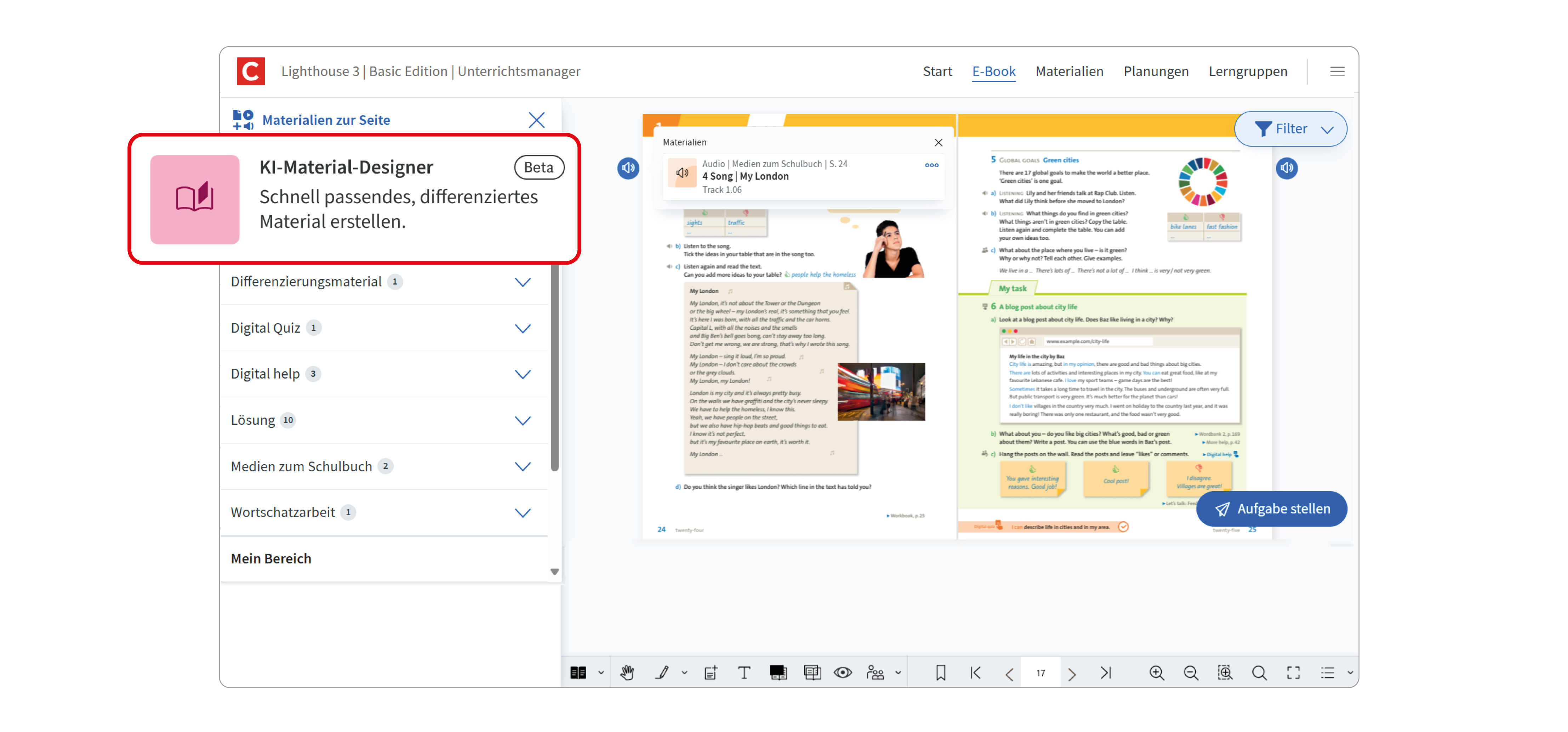 Screen des Unterrichtsmanagers Plus mit dem KI-Material-Designer