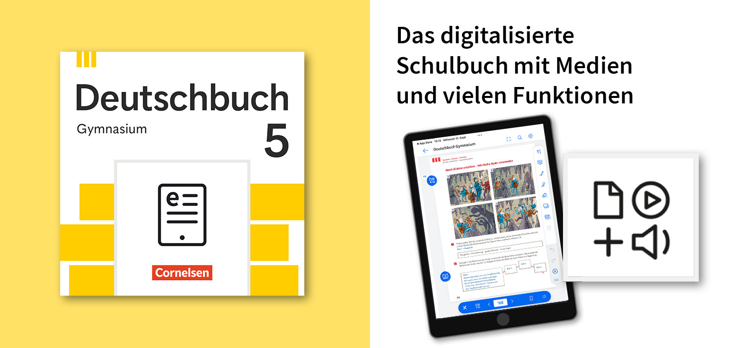 Cover des E-Boooks vom Deutschbuch 5 vor gelbem Hintergrund; daneben ein Laptop mit digitalem Lerninhalt und Hinweis auf digitale Inhalte zum Buch.