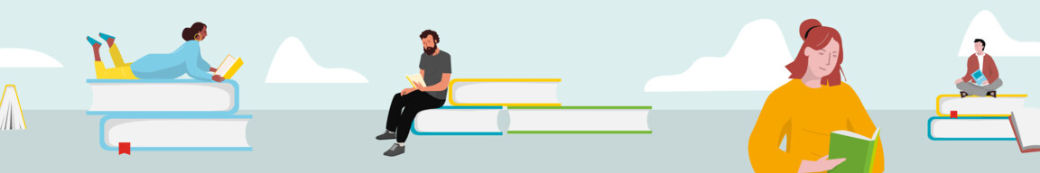 Personen sitzen auf gestapelten Büchern und lesen oder schauen ein Gerät an.