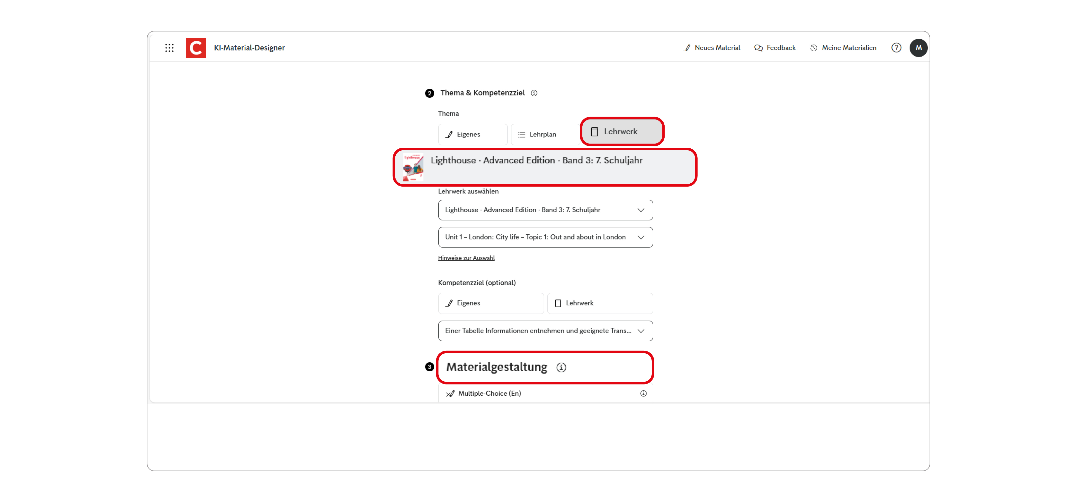 Screen des Unterrichtsmanagers Plus mit dem KI-Material-Designer und der Zuordnung zum Lehrwerk Lighthouse