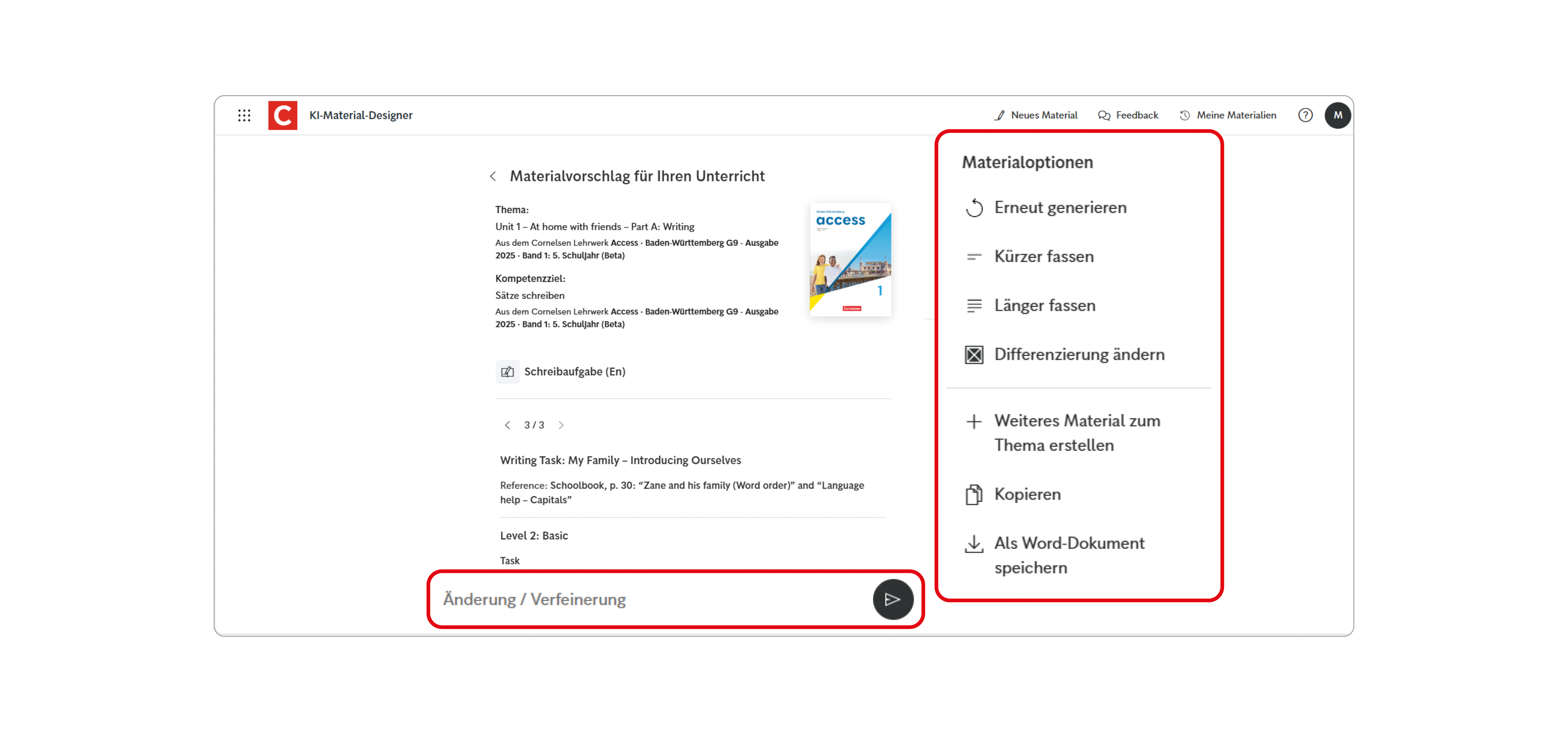 Ein Screen des Unterrichtsmanagers Plus mit dem KI-Material-Designer und dem Menü "Materialoptionen"