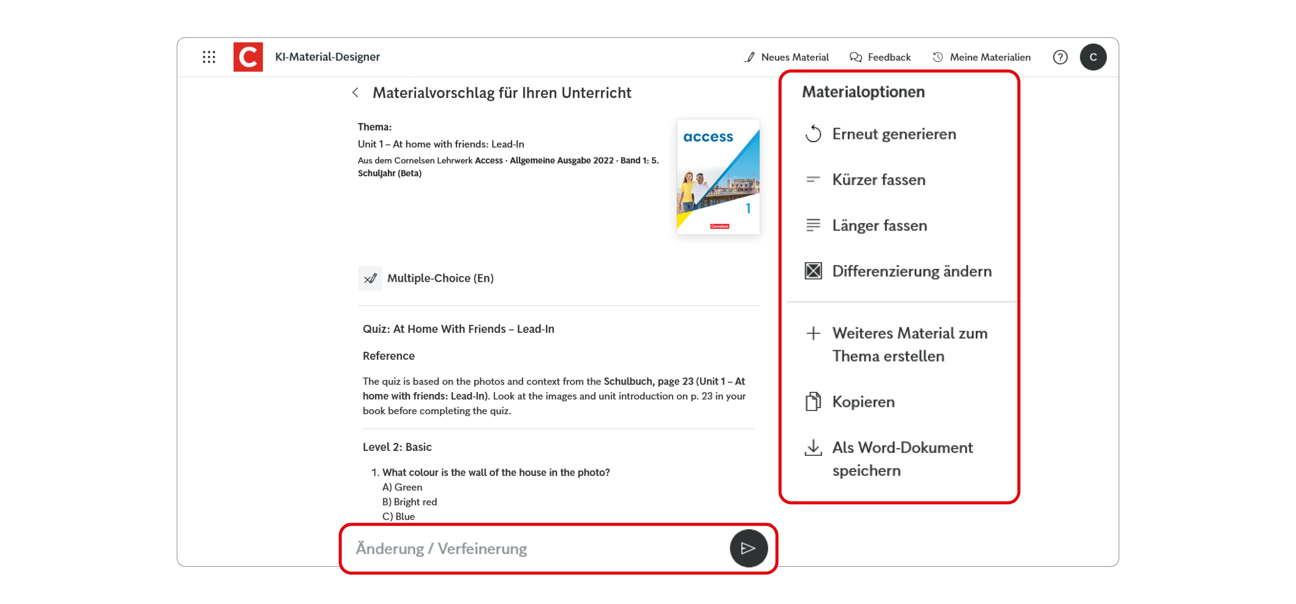Ein Screen des Unterrichtsmanagers Plus mit dem KI-Material-Designer und dem Menü "Materialoptionen"