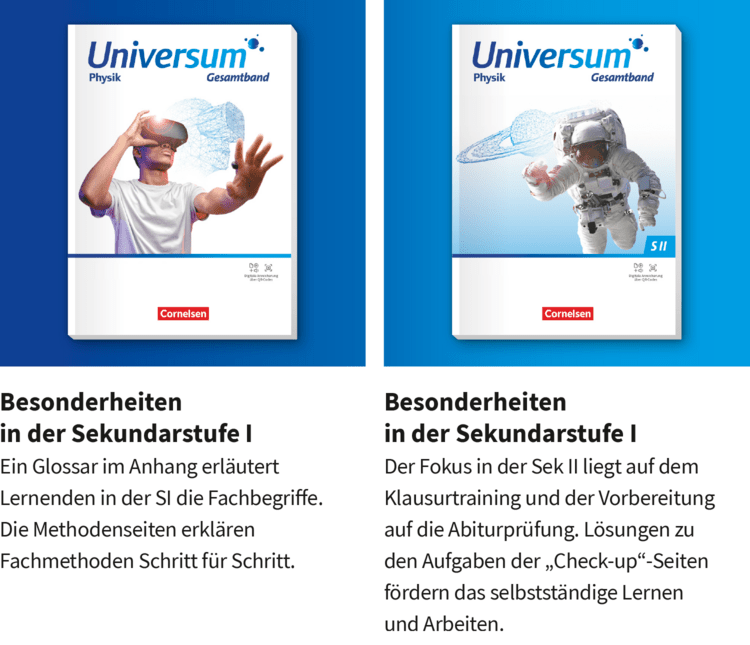 Abbildung der Universum Physik-Lehrwerke für die Sekundarstufe 1 und für die Sekundarstufe 2