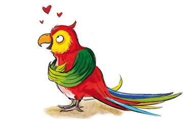 Ein Papagei mit schwirrenden Herzchen. 