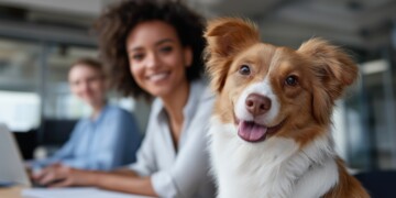 Happy dog in office with smiling female colleague in background.
Happy dog in office with smiling female colleague in background.