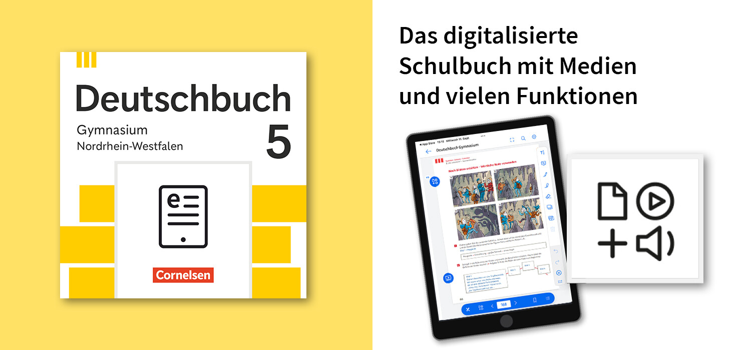 Cover des E-Boooks vom Deutschbuch 5 Nordrhein-Westfalen vor gelbem Hintergrund; daneben ein Laptop mit digitalem Lerninhalt und Hinweis auf digitale Inhalte zum Buch.