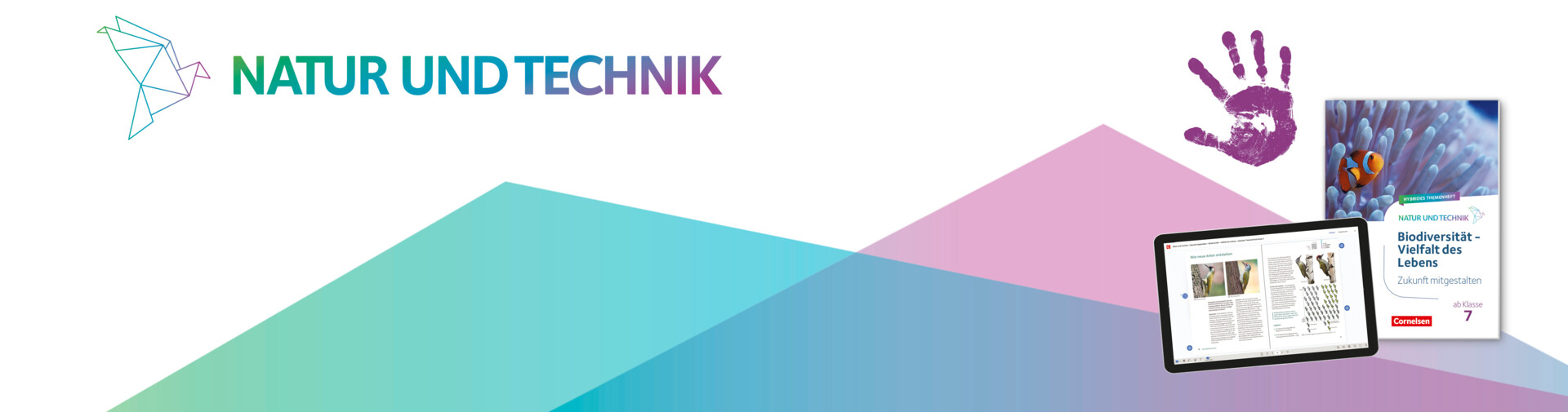 Das hybride Arbeitsheft "Biodiversität – Vielfalt des Lebens" sowie ein Tablet mit der E-Book-Version und die Produktmarke "Natur und Technik".