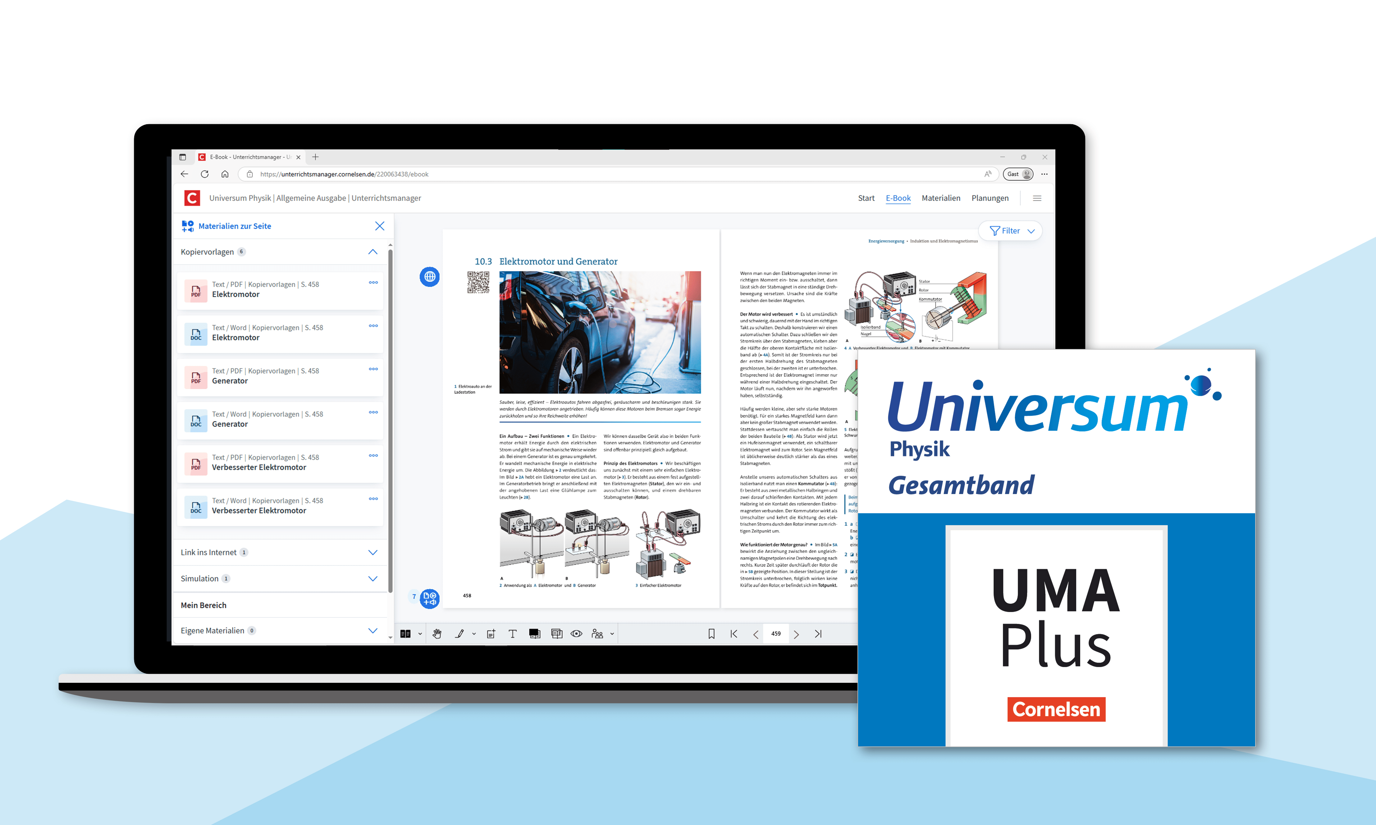 Darstellung des Unterrichtsmanagers zu Universum Physik mit der Produktkachel und einem Laptop mit Seiten des Lehrwerks