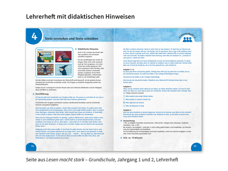 Seite aus "Lesen macht stark", Grundschule, Jahrgang 1 und 2, Lehrerseite, Hinweise zu Texten.