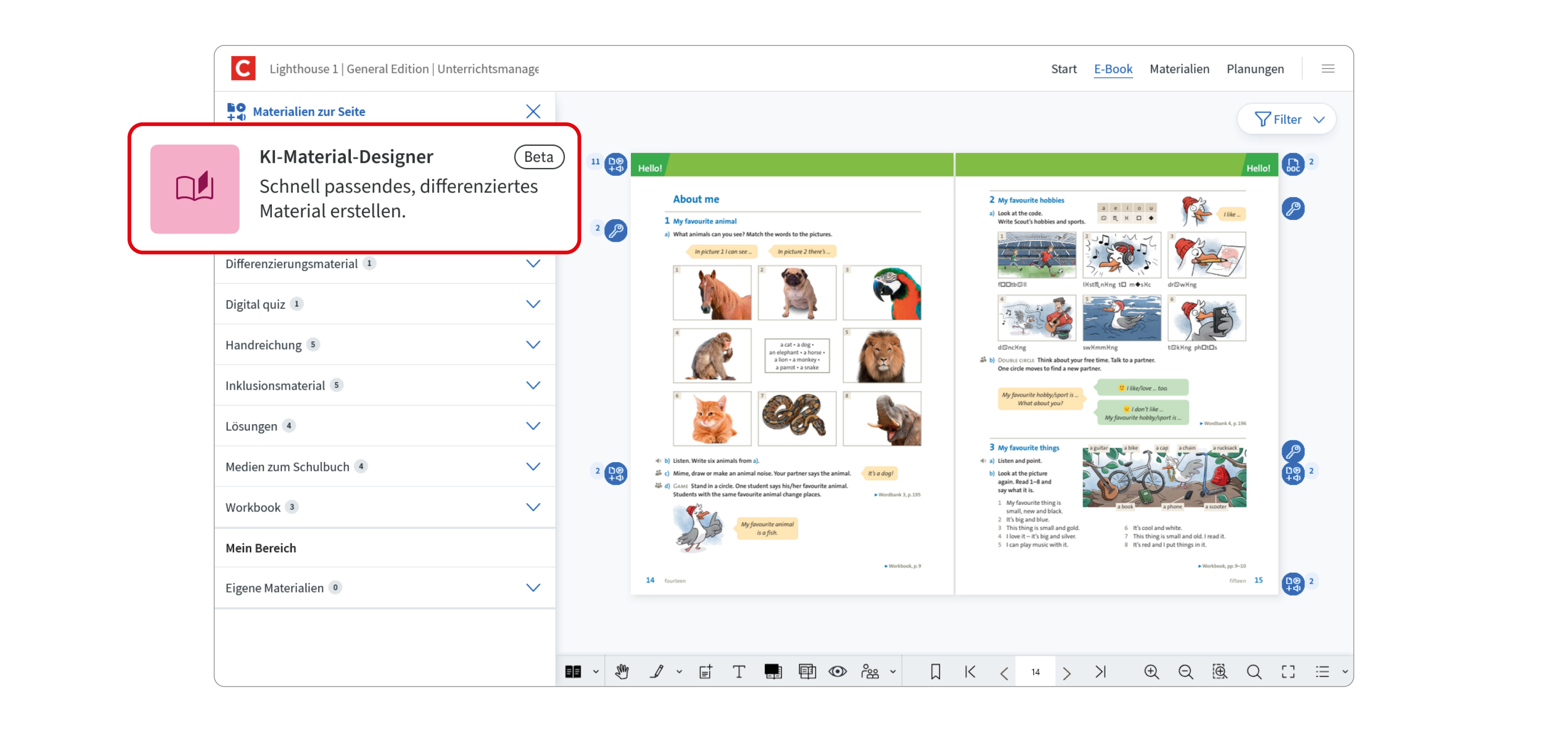 Screen des Unterrichtsmanagers Plus mit dem KI-Material-Designer