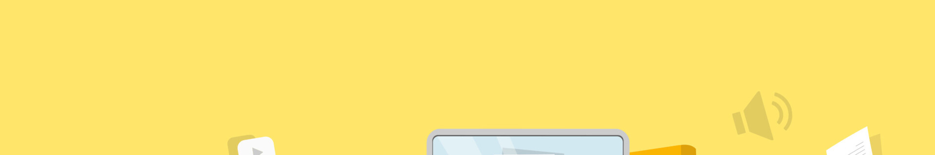 Person sitzt vor Laptop, umgeben von Medienikonen und Büchern auf gelbem Hintergrund.