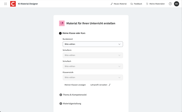 Screenshot einer Webseite zur Erstellung von Unterrichtsmaterial mit Dropdown-Menüs.