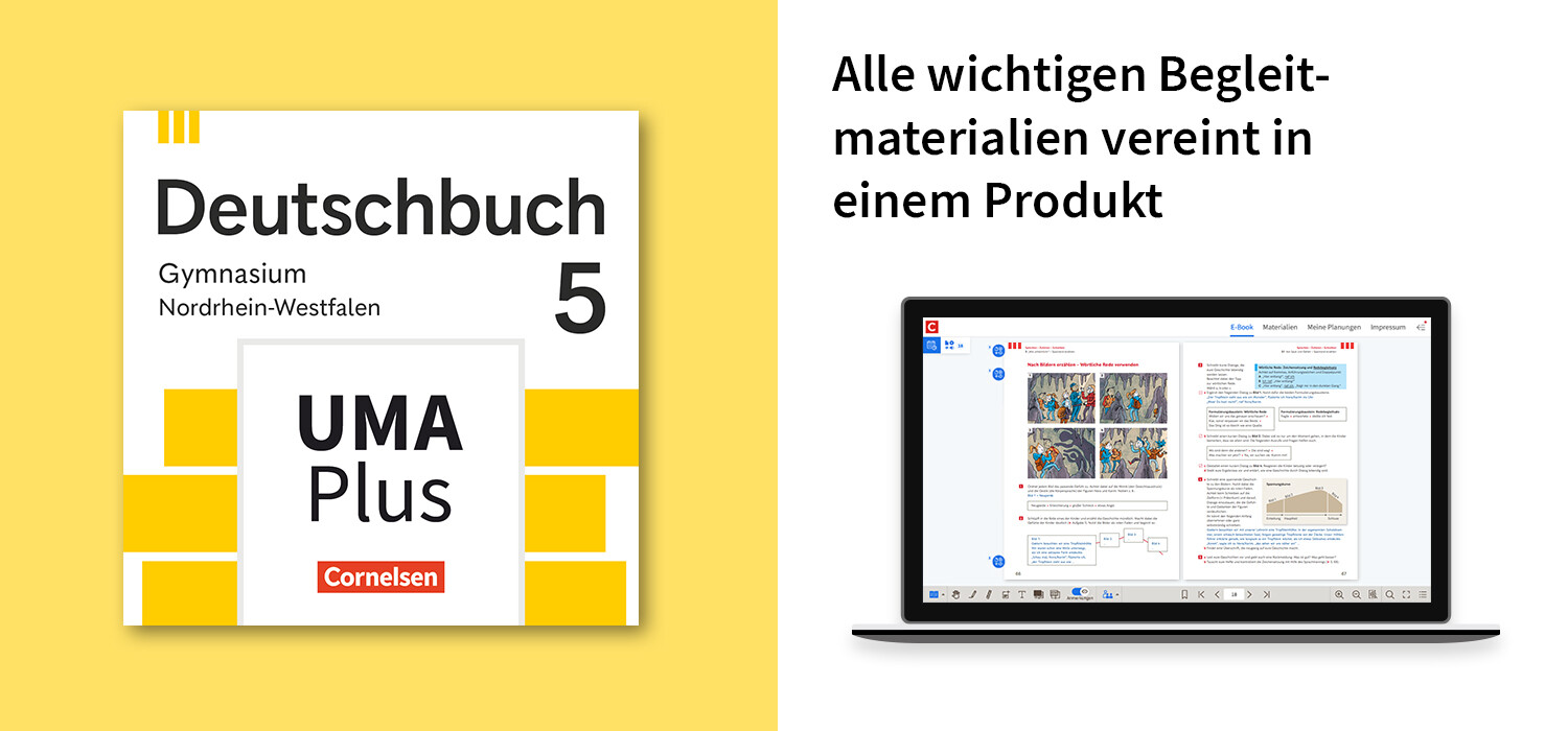 Cover des Unterrichtsmanagers vom Deutschbuch 5 Nordrhein-Westfalen vor gelbem Hintergrund; daneben ein Laptop mit digitalem Lerninhalt und Hinweis auf digitale Begleitmaterialien.