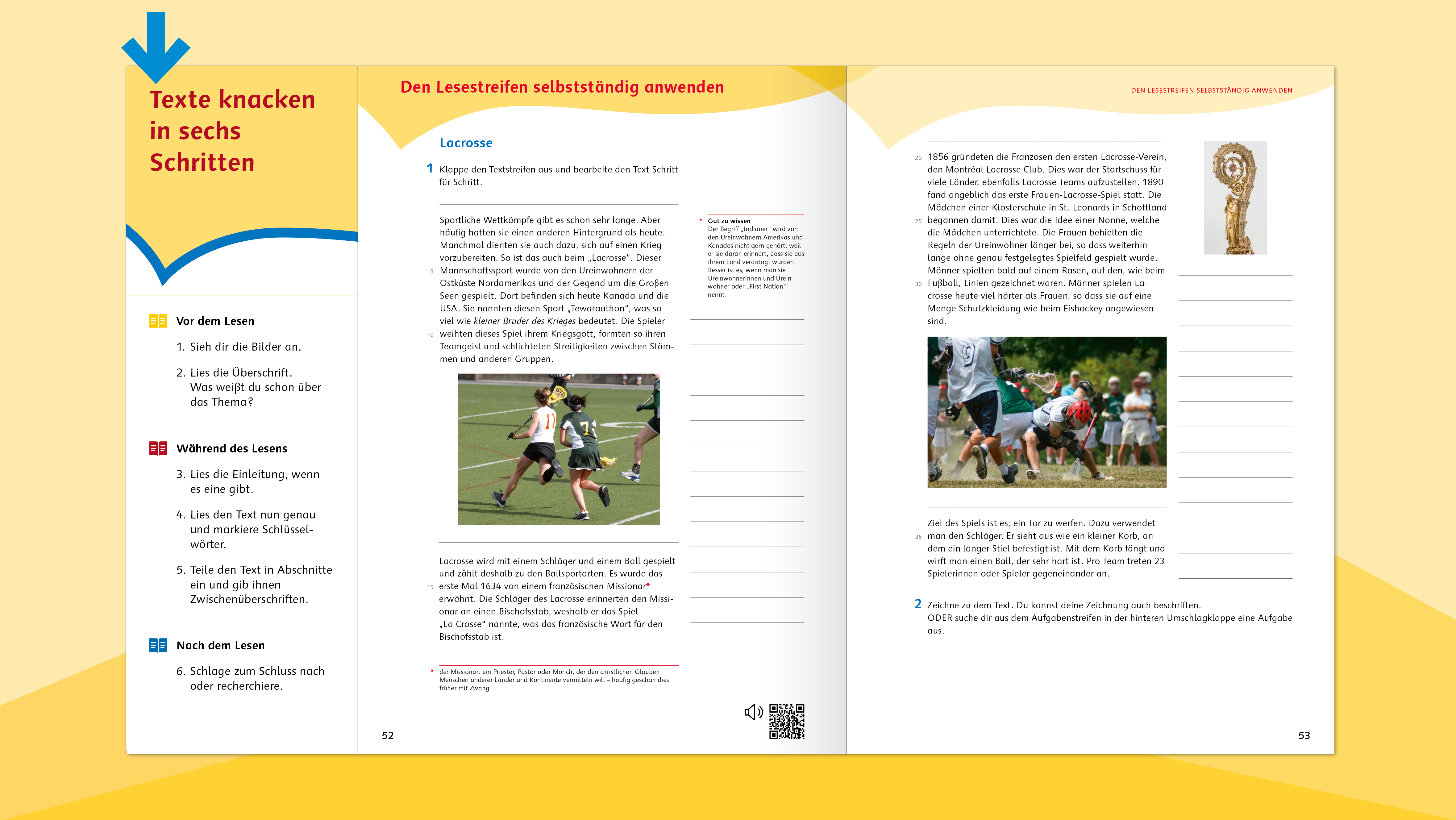 Die Anleitung zum "Texte knacken in sechs Schritten" sowie eine Doppelseite aus dem Trainingsheft "Lesen macht stark" für die 5./6. Klasse.