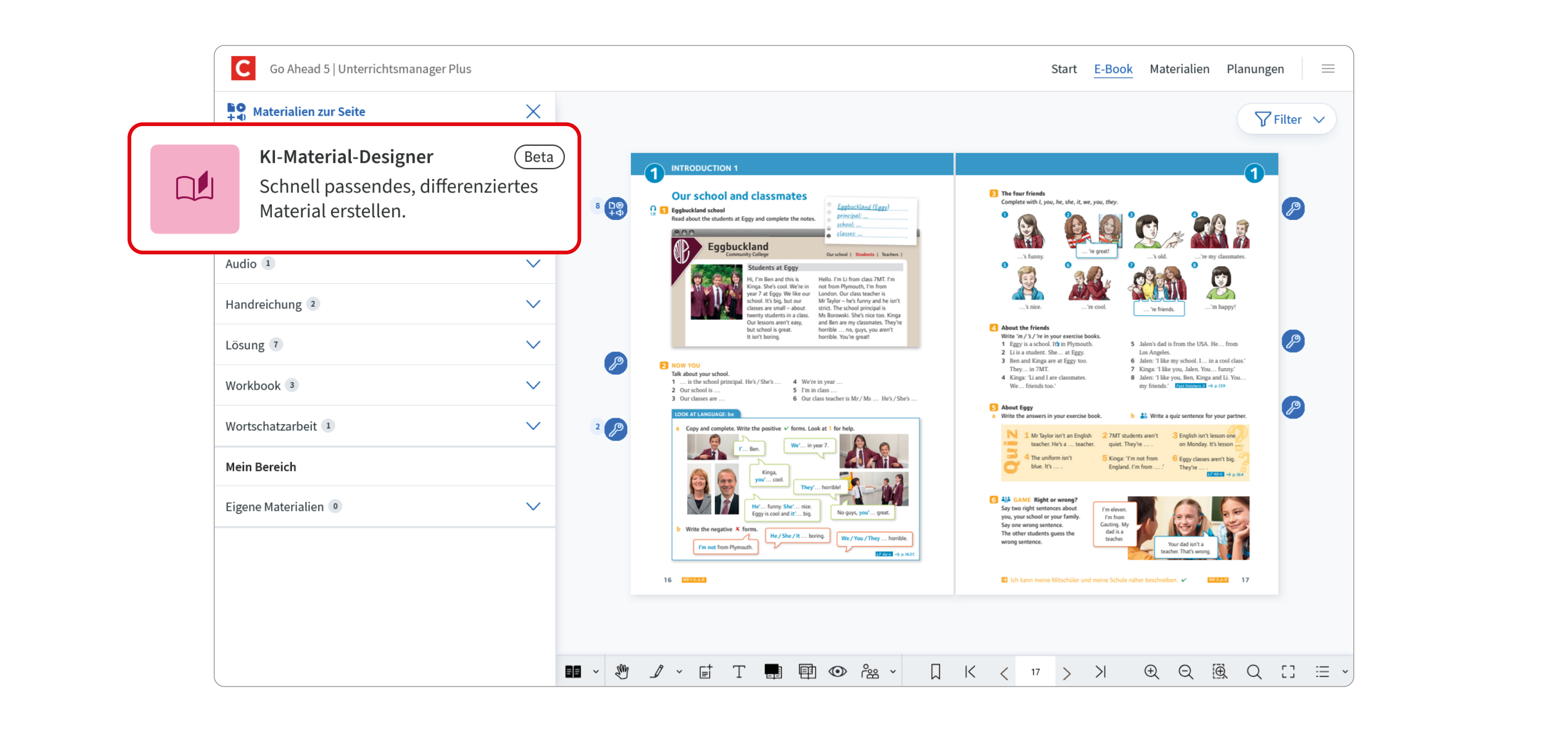 Screen des Unterrichtsmanagers Plus mit dem KI-Material-Designer