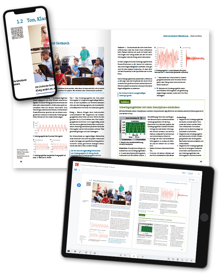 Darstellung des Hybridkonzeptes zu Universum Physik mit einem Smartphone und einem Tablet mit Seiten des Lehrwerks