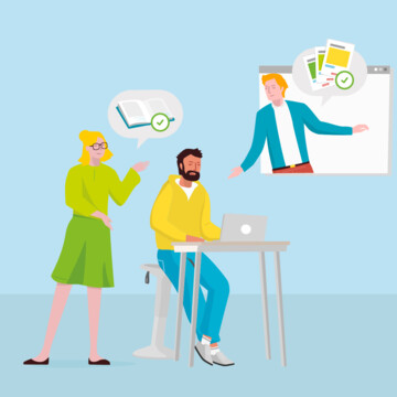 Eine Illustration mit zwei Lehrkräften, die sich über das neue Lehrwerk informieren. Über einen Bildschirm werden sie von einem Service-Mitarbeiter beraten.