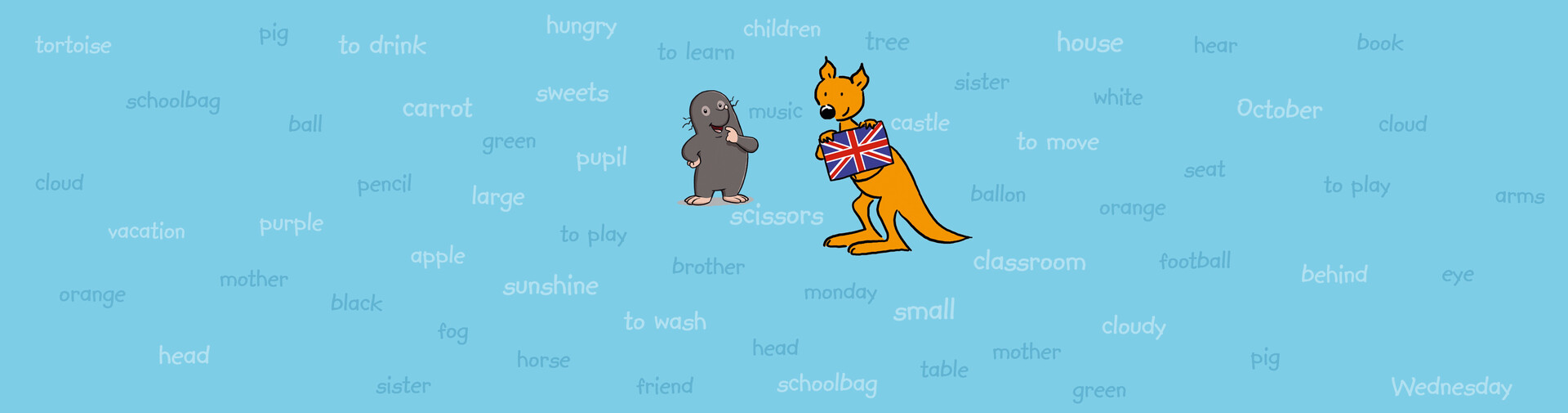 Känguru und Maulwurf auf blauem Hintergrund mit englischen Vokabeln