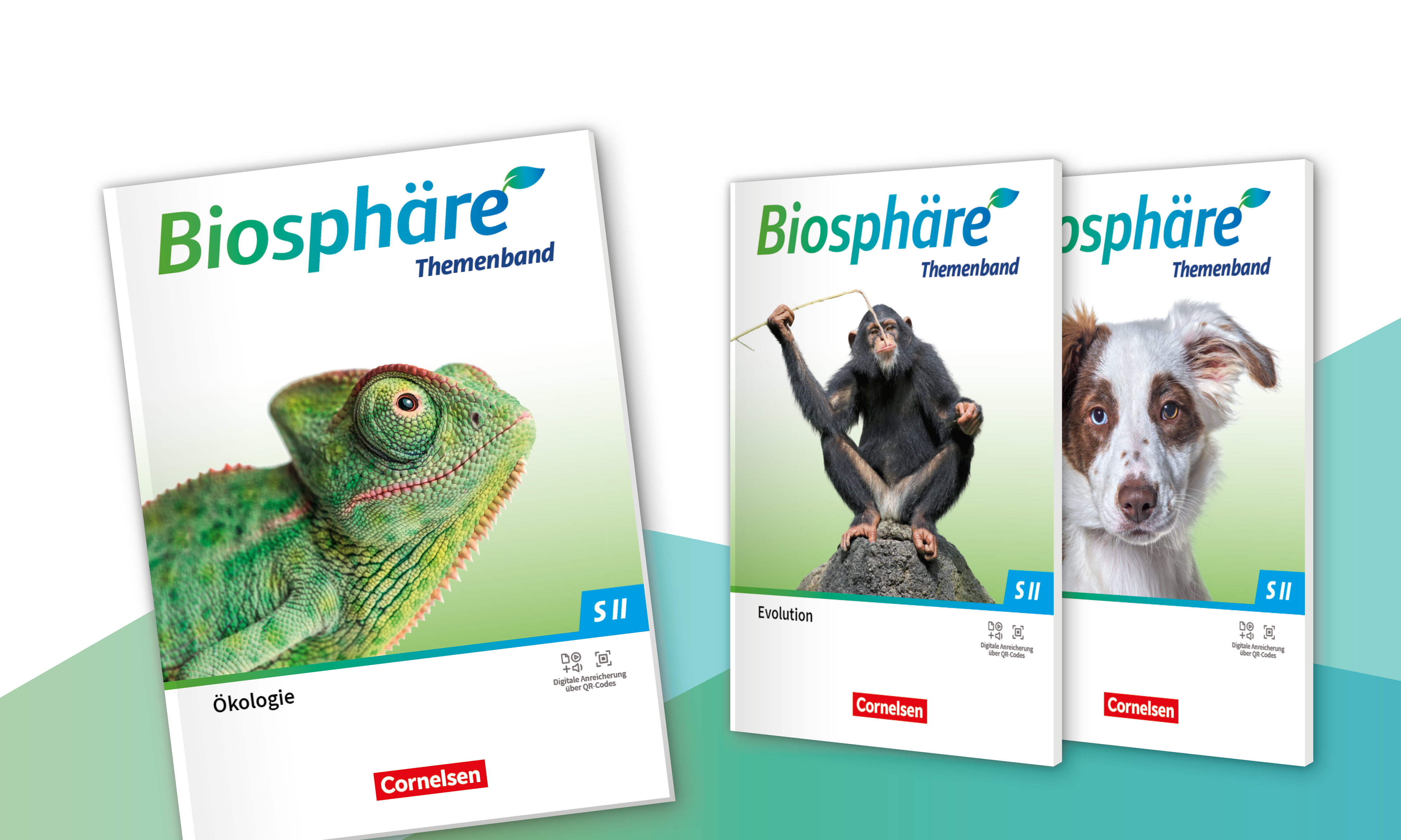 Cover von drei Biosphäre-Themenbände für die Sekundarstufe 2 – ein Chamäleon, ein Schimpanse, ein gefleckter Hund