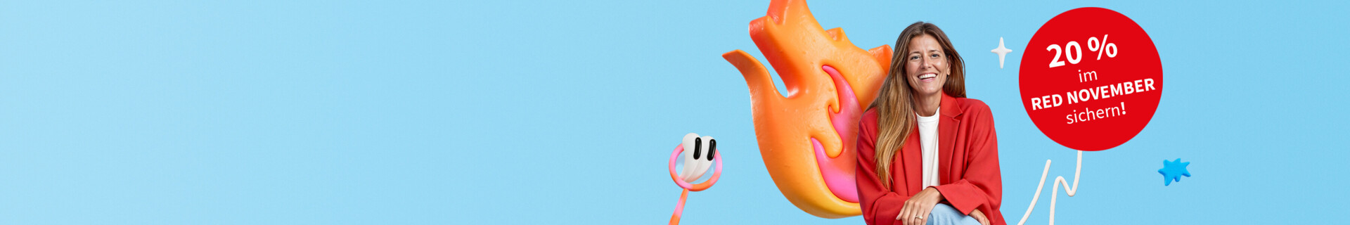 Lehrerin in roter Jacke vor blauem Hintergrund mit animierten Comic-Elementen wie Feuer und Lupe.