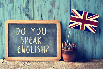 Tafel, auf der steht Do you speak Englisch?