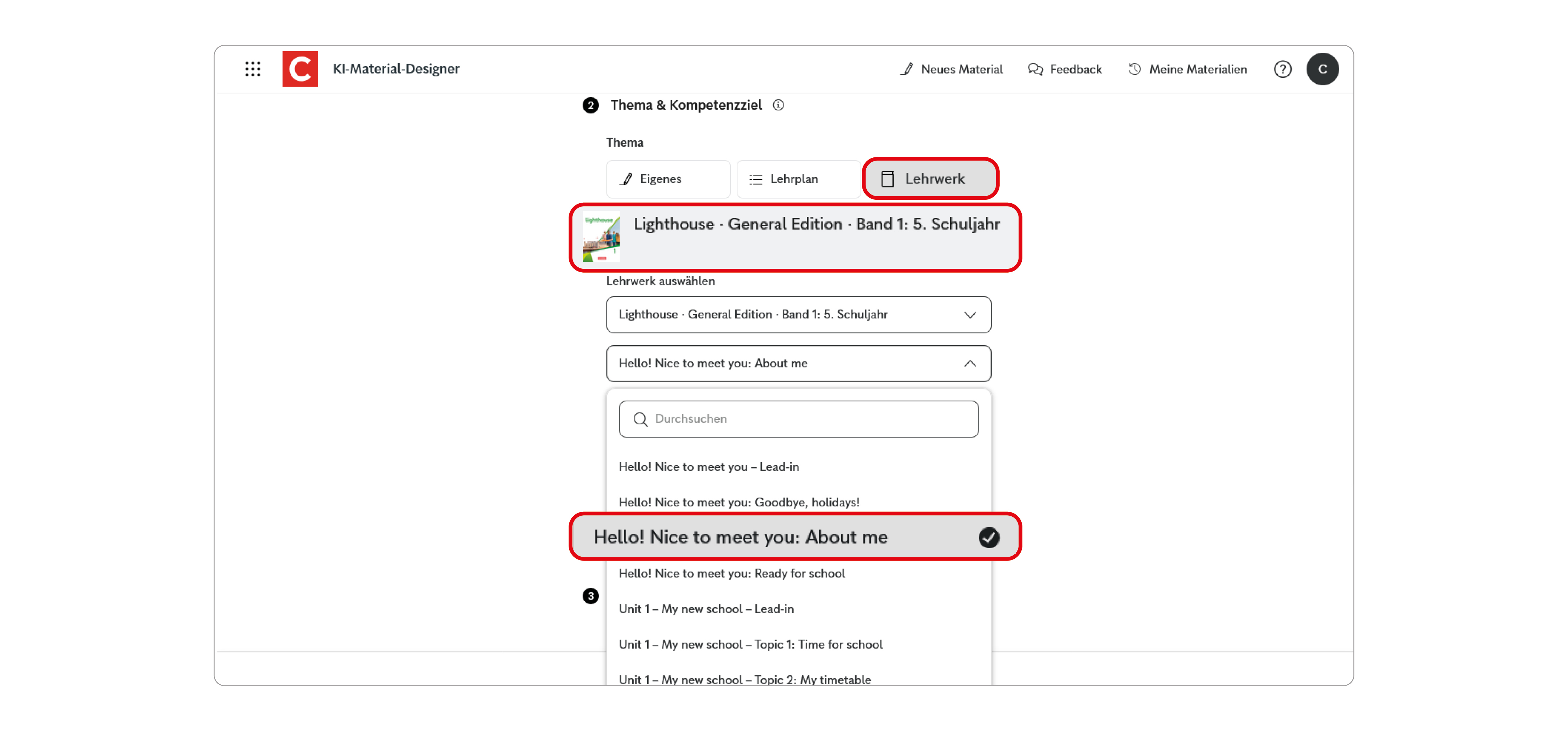 Screen des Unterrichtsmanagers Plus mit dem KI-Material-Designer und der Zuordnung zum Lehrwerk Lighthouse