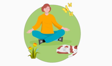 Person sitzt meditierend im Kreis, mit Blumen und Katze; Schmetterlinge fliegen oben.