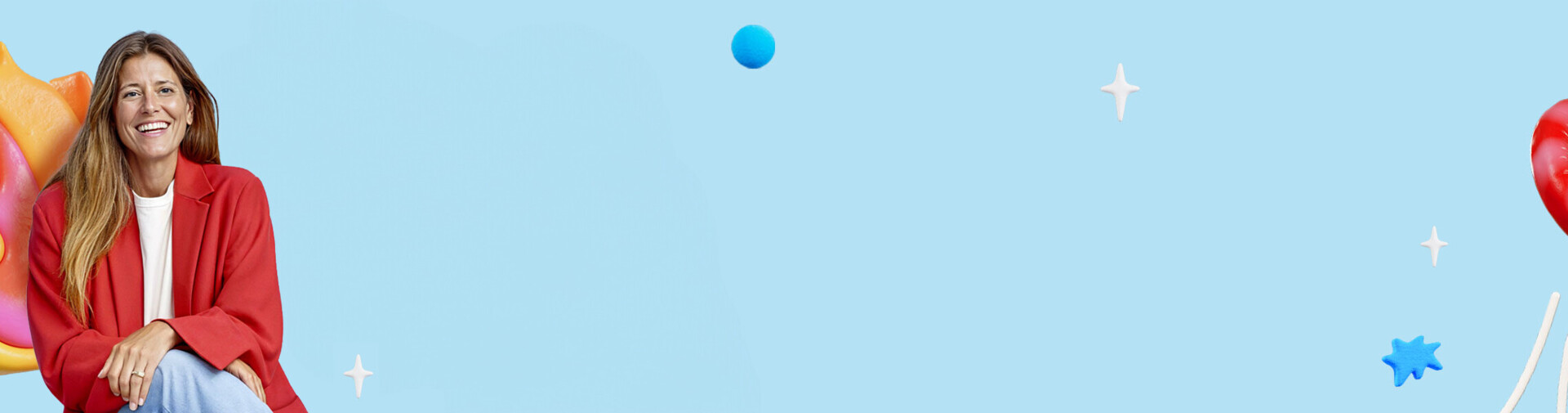 Frau sitzt auf Hocker vor blauem Hintergrund, umgeben von Icons für Diagnose und Förderung wie Zielscheibe mit und Lupe mit Augen