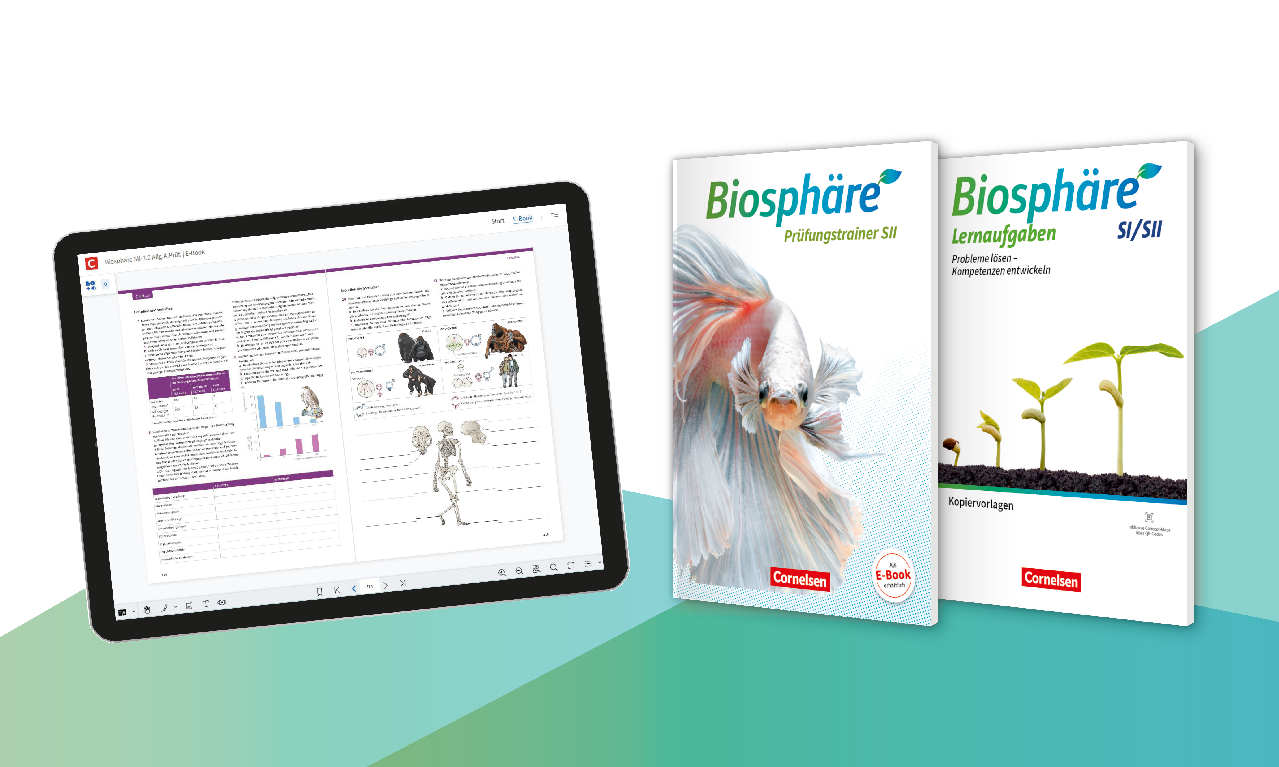 Tablet-Screen mit Buchseiten zum Thema „Evolution und Verhalten“, rechts die Cover des Prüfungstrainers und der Lernaufgaben aus der Reihe Biosphäre