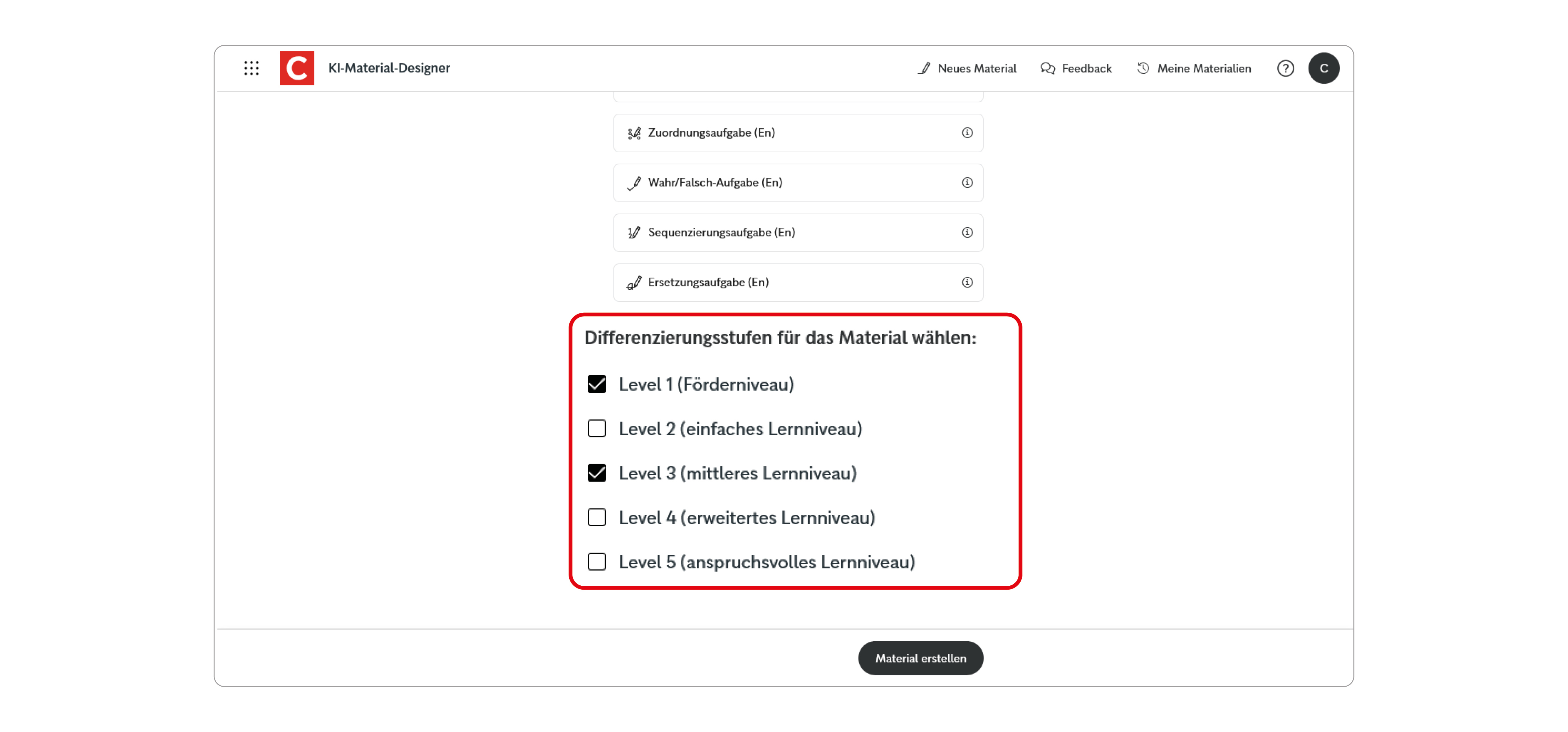Screen des Unterrichtsmanagers Plus mit dem KI-Material-Designer und verschiedenen Differenzierungsstufen