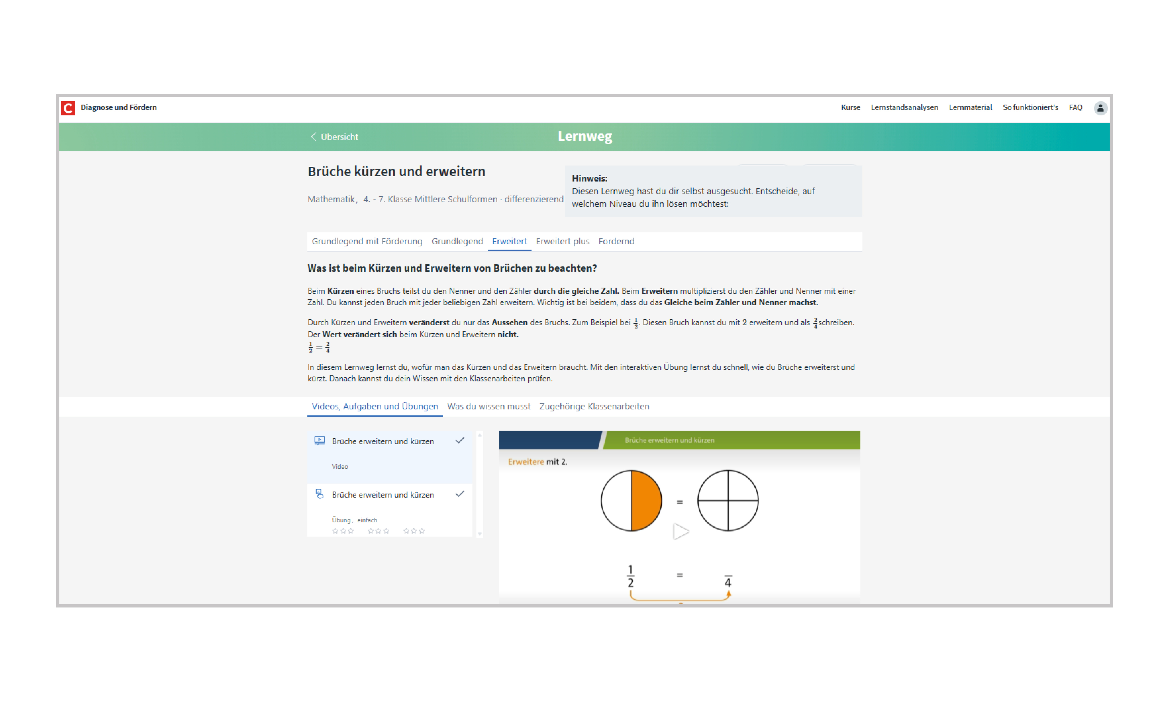 Screenshot aus "Diagnose und Fördern", Lernwege