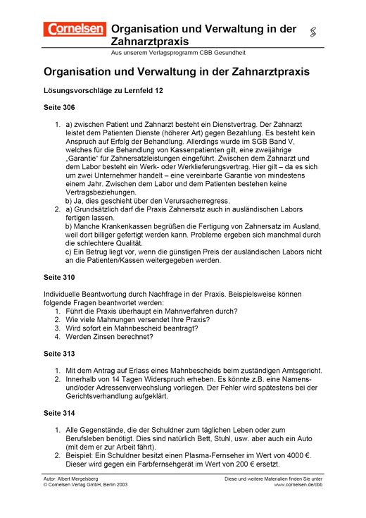 Organisationverwaltung In D Zahnarztpraxis Lf12 Lösungen Cornelsen