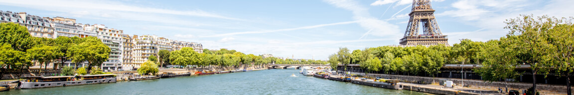Panorama der Seine mit dem Eiffelturm und grünen Bäumen unter blauem Himmel in Paris.
